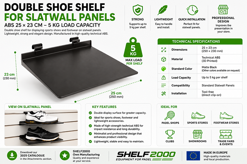 ABS double shoe shelf for slatwall panels made from technical 3D printed ABS, 25 &times; 23 cm with 5 kg load capacity, ideal for displaying sports shoes in padel shops, sports stores and retail showrooms.